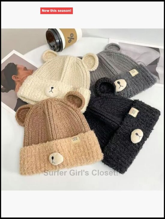 Crochet Y2K Beanie Knit Bear Ear Hat Furry Slouchy Beanies Cute Plush Fuzzy main image 5